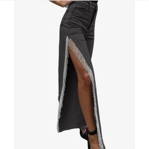 High Waisted Black Wide Leg Pants with Rhinestone Fringe Trim Split